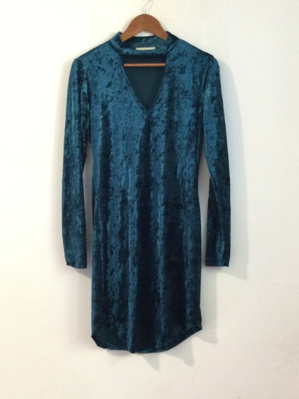 Teal crushed velvet velour bodycon choker-style mini Holiday Party dress Medium